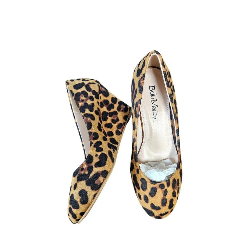 Bella Marie Wedge Pumps Women 5.5 Leopard Brown Excellent Animal Print NINE-5U